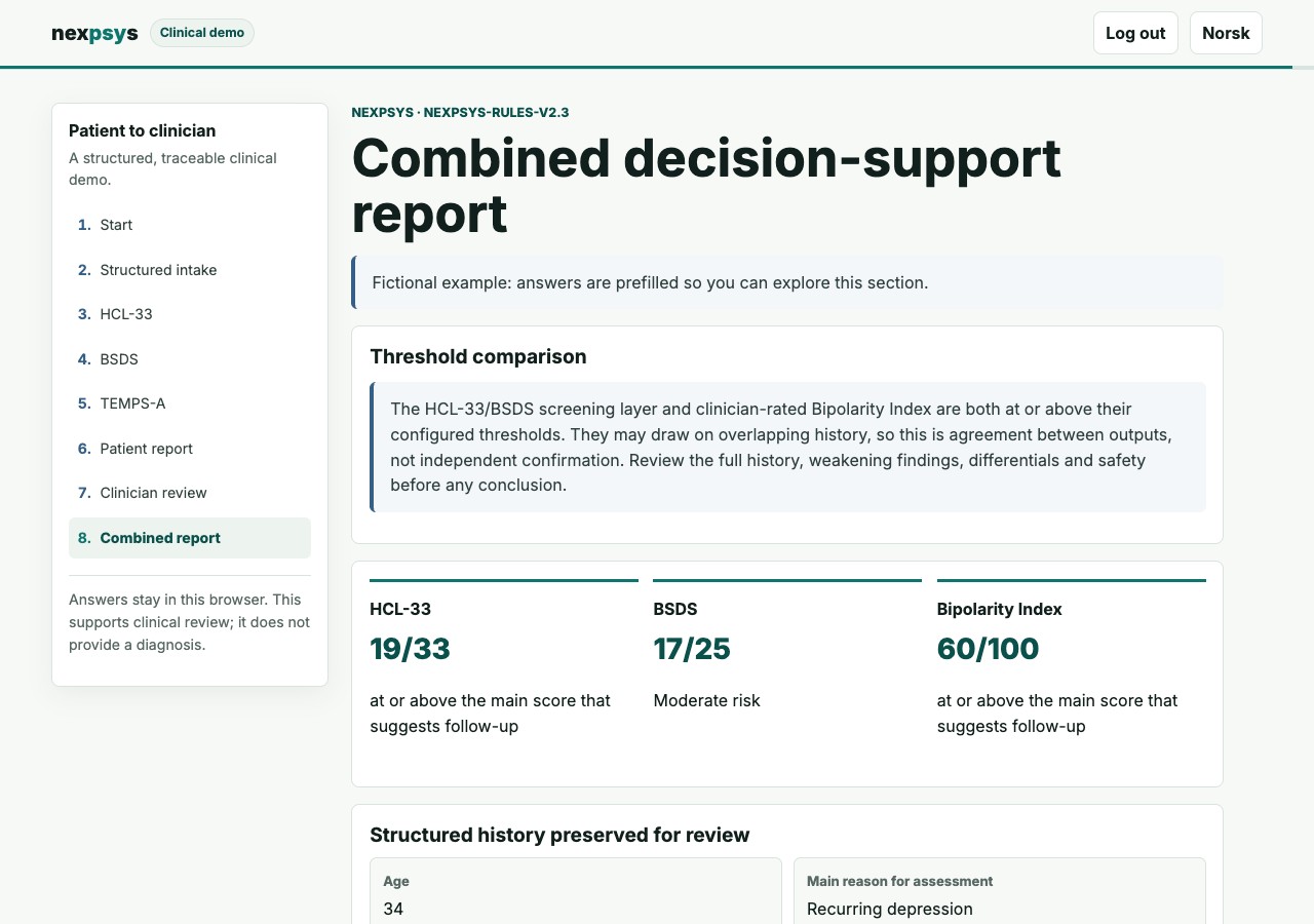 nexpsys guided fictional-case report showing instrument scores and structured history
